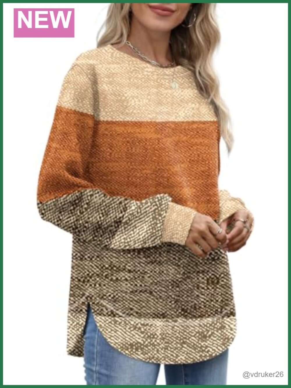 Womens Tunic Sweater Crew Neck Long Sleeve Curved Hem Loose Fit Pullover